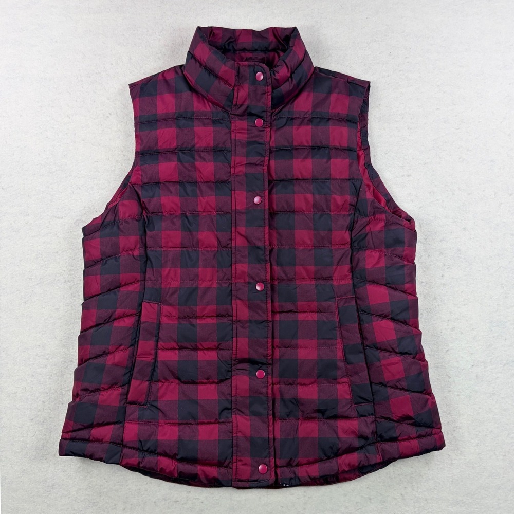 Gap Womens Buffalo Plaid Puffer Vest Pink Red Black Quilted Snap Front Large